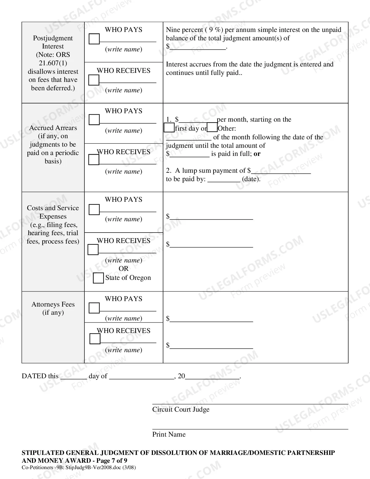 Preview Co-Petitioner Stipulated General Judgment of Dissolution of Marriage and Money Award
