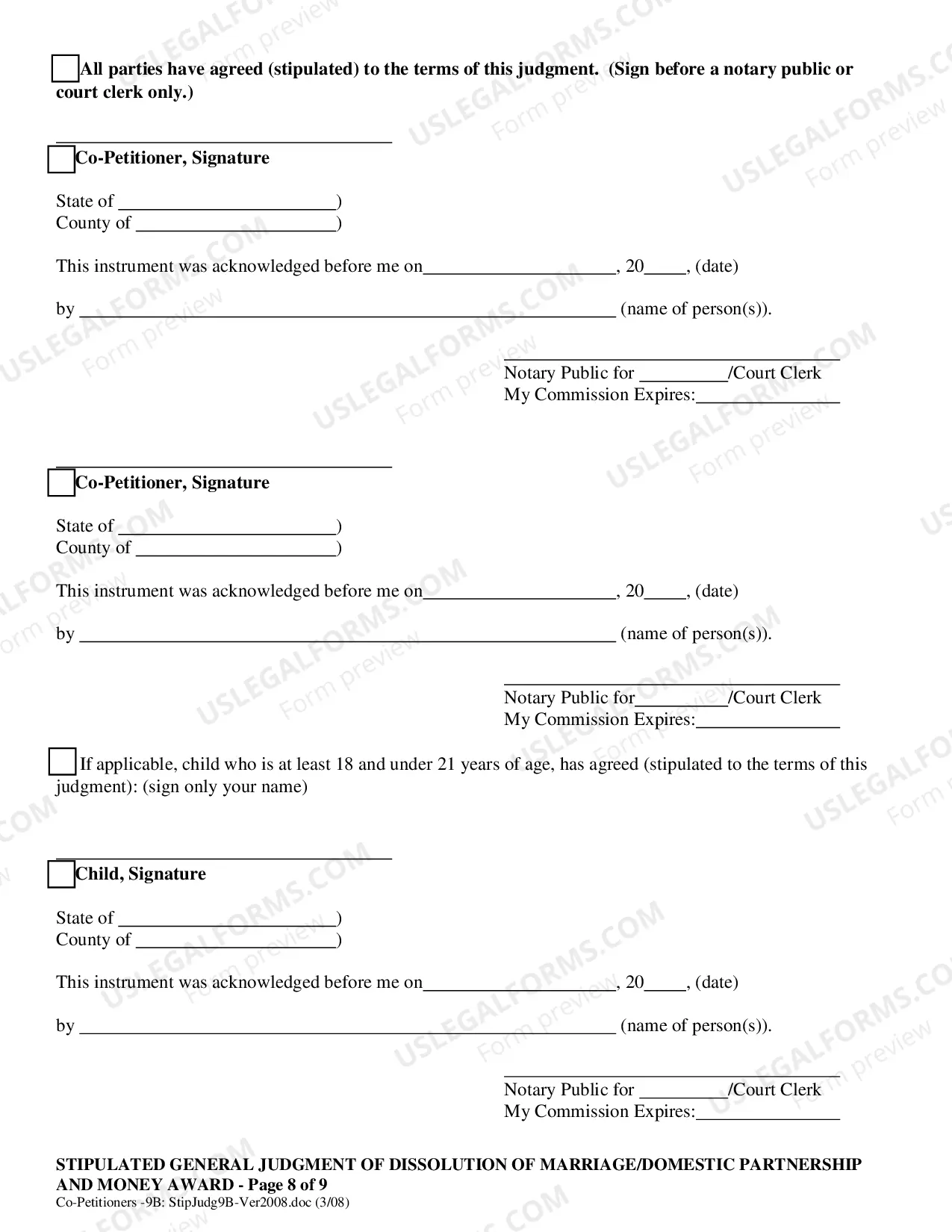 Preview Co-Petitioner Stipulated General Judgment of Dissolution of Marriage and Money Award