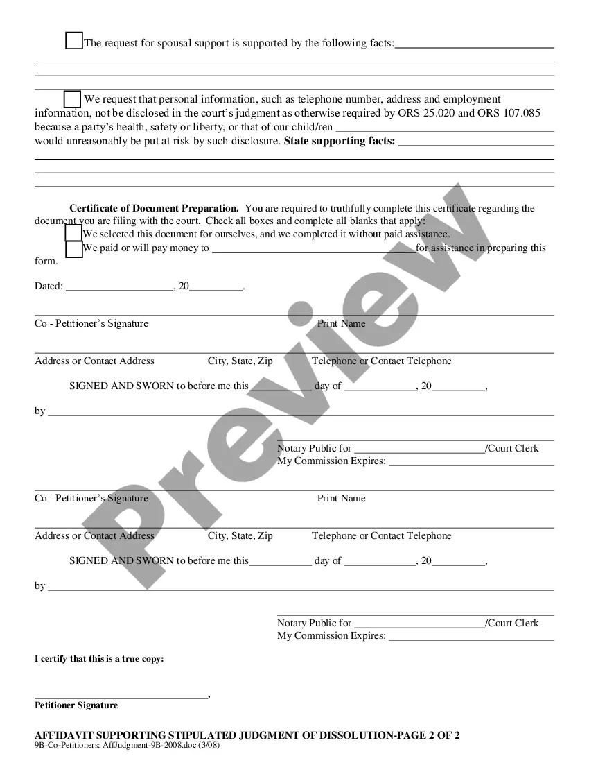 Get Co-Petitioners' Affidavit Supporting Stipulated Judgment of Dissolution Preview Co-Petitioners' Affidavit Supporting Stipulated Judgment of Dissolution