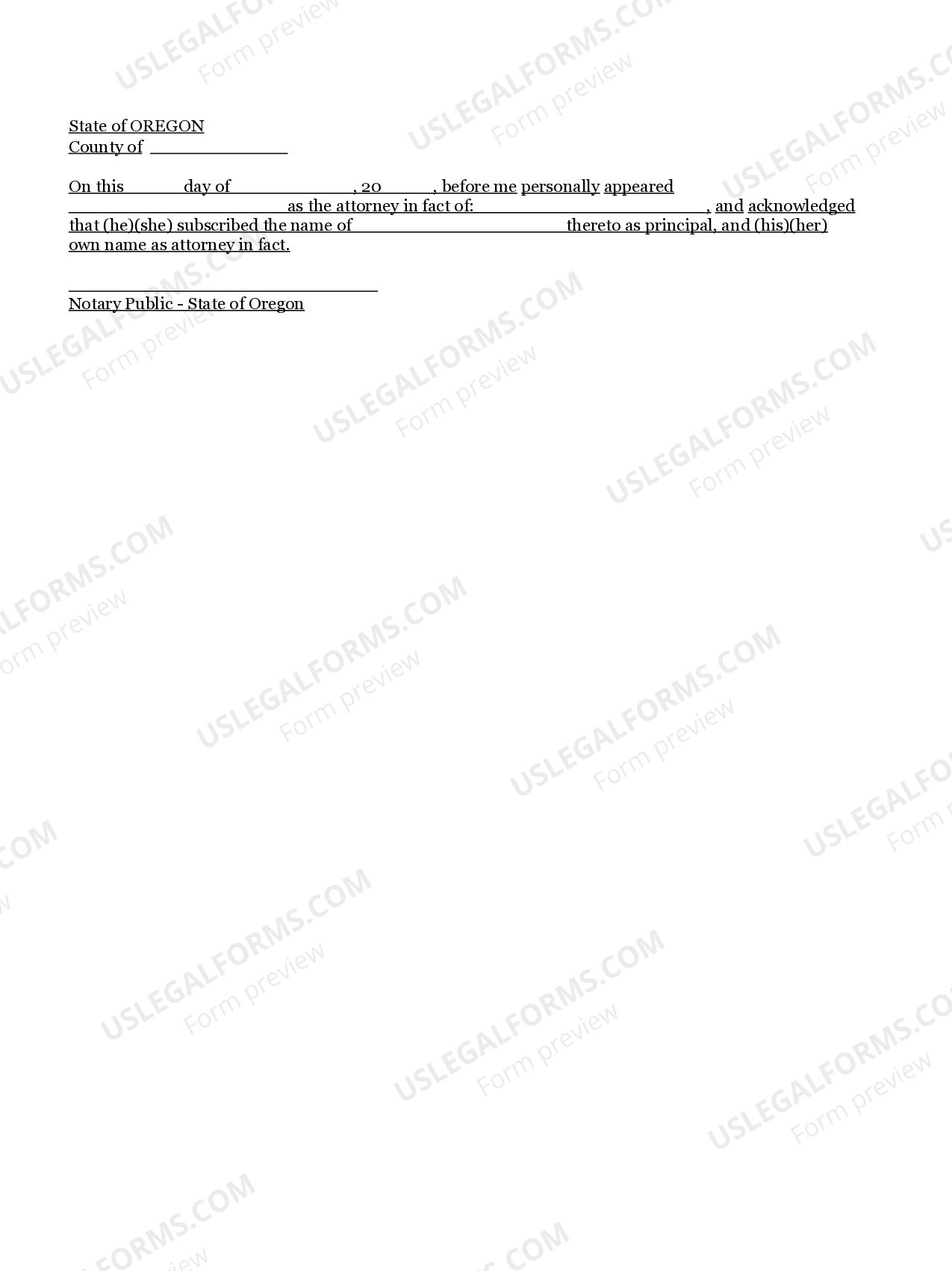 Oregon Acknowledgment for Attorney in Fact US Legal Forms