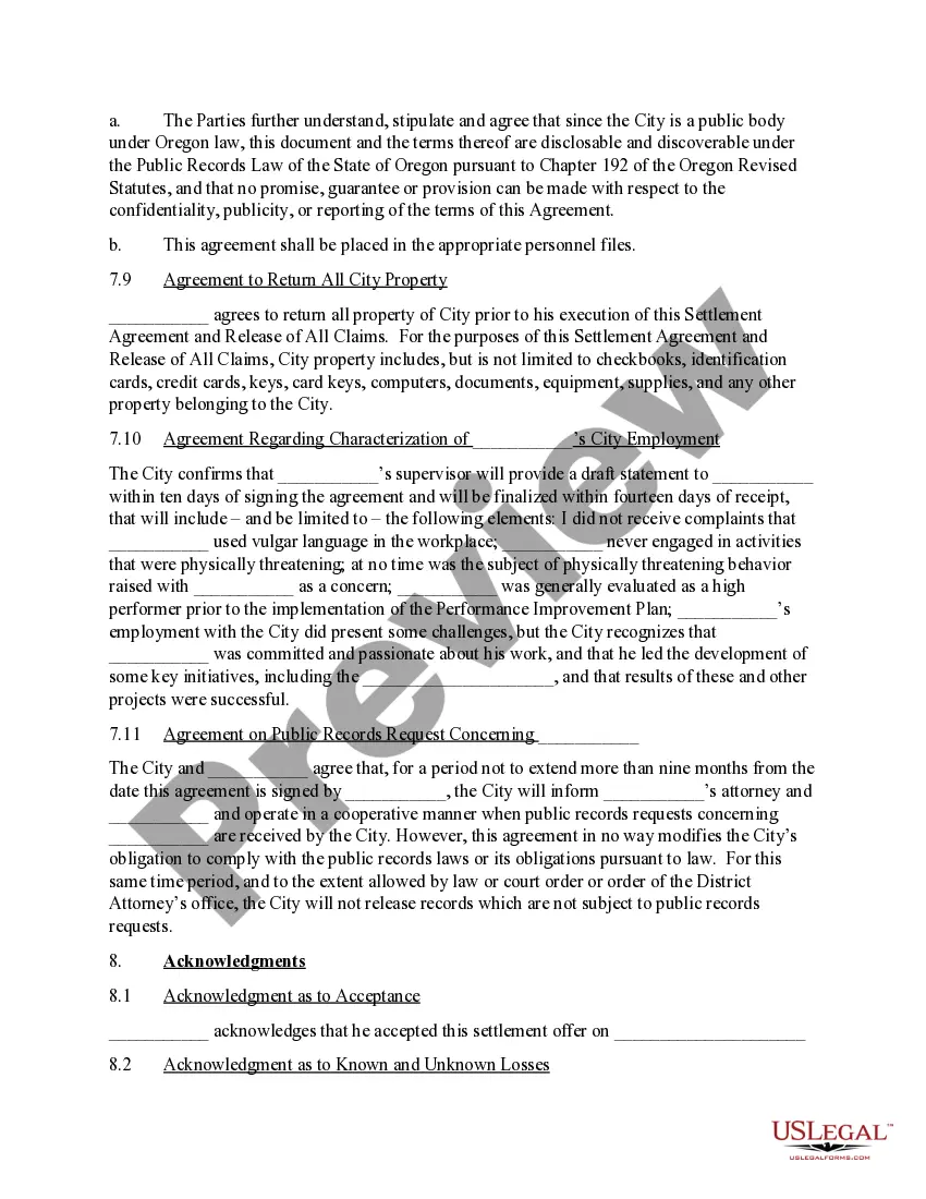 Preview Settlement Agreement and Release of all claims