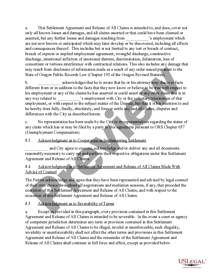 Preview Settlement Agreement and Release of all claims