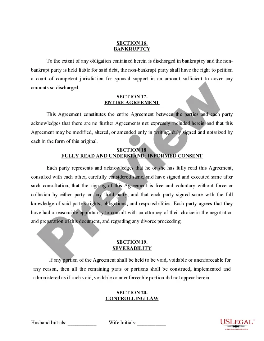 Preview Marital Domestic Separation and Property Settlement Agreement for persons with No Children, No Joint Property or Debts where Divorce Action Filed