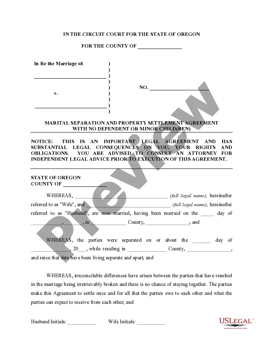 Preview Marital Domestic Separation and Property Settlement Agreement for persons with No Children, No Joint Property or Debts where Divorce Action Filed
