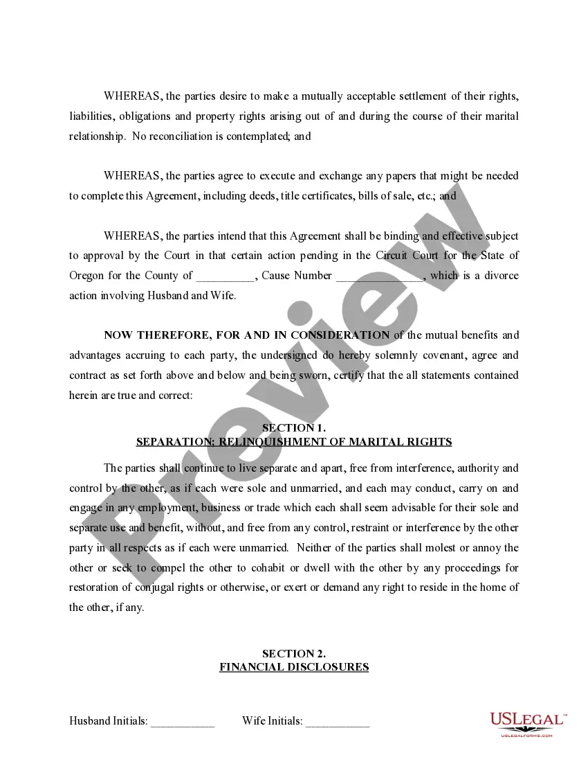 Preview Marital Domestic Separation and Property Settlement Agreement for persons with No Children, No Joint Property or Debts where Divorce Action Filed