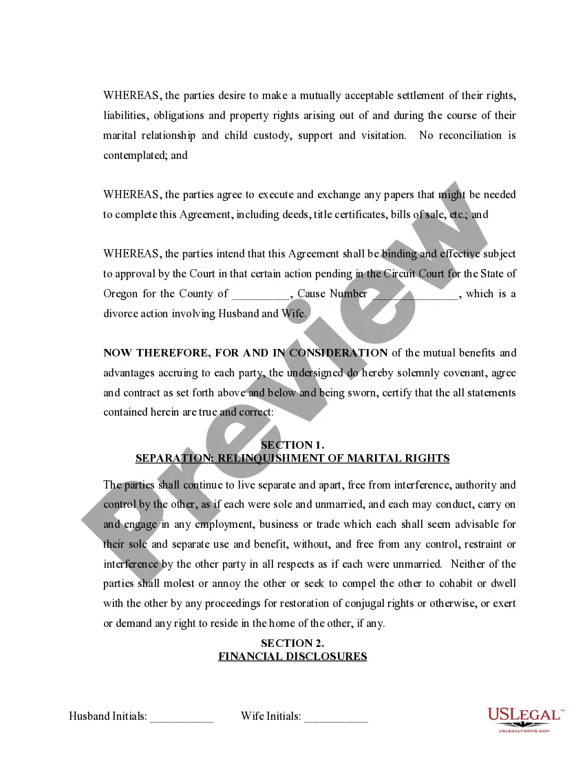Preview Marital Domestic Separation and Property Settlement Agreement Minor Children no Joint Property or Debts where Divorce Action Filed