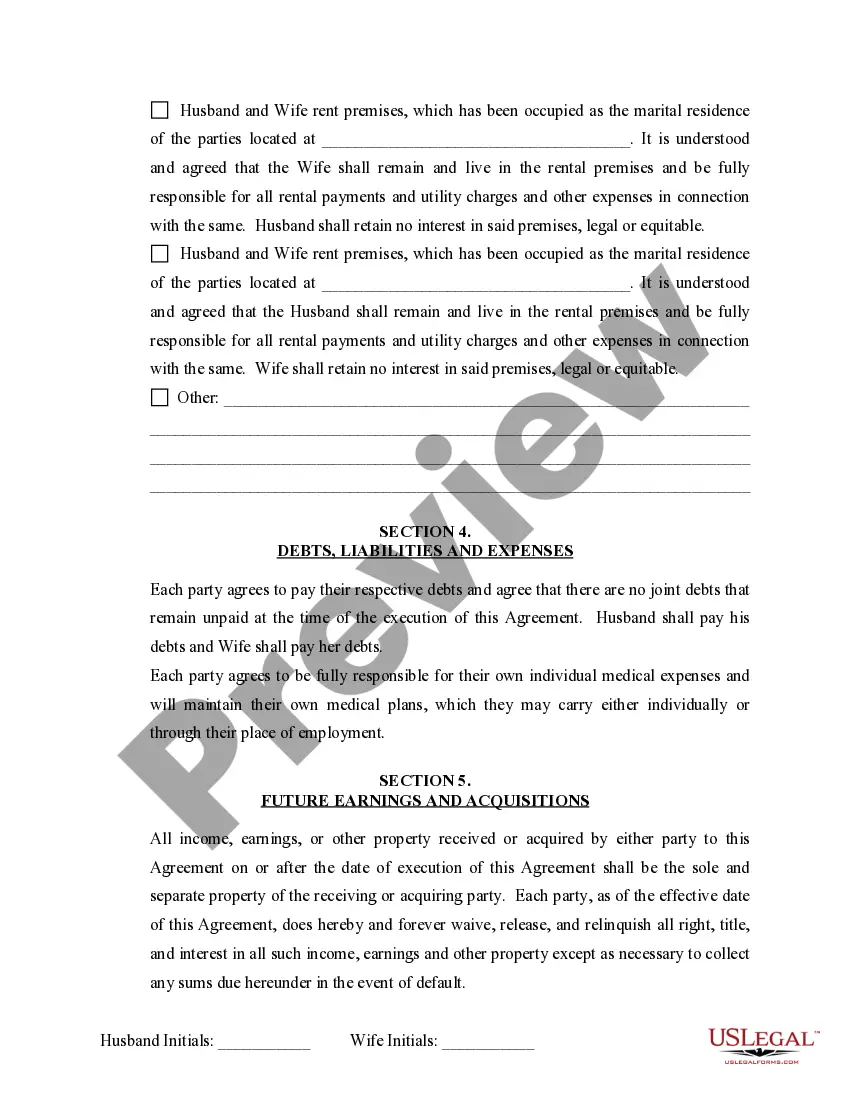 Preview Marital Domestic Separation and Property Settlement Agreement Minor Children no Joint Property or Debts where Divorce Action Filed