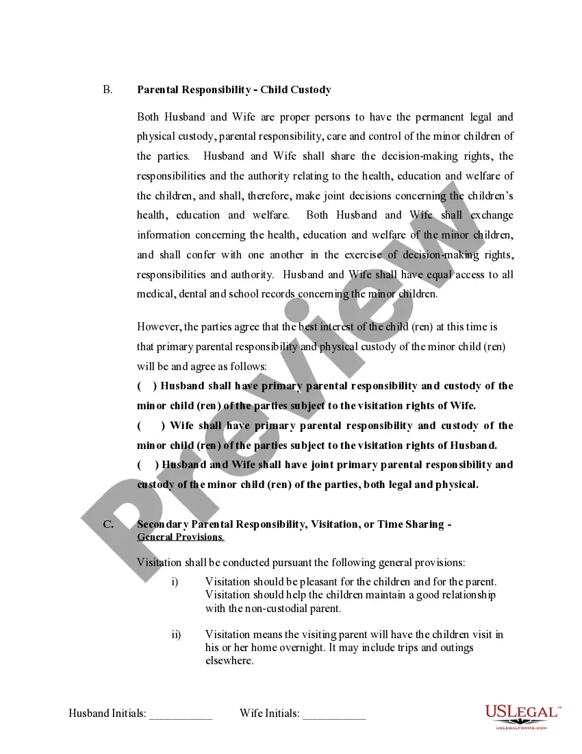 Preview Marital Domestic Separation and Property Settlement Agreement Minor Children no Joint Property or Debts where Divorce Action Filed