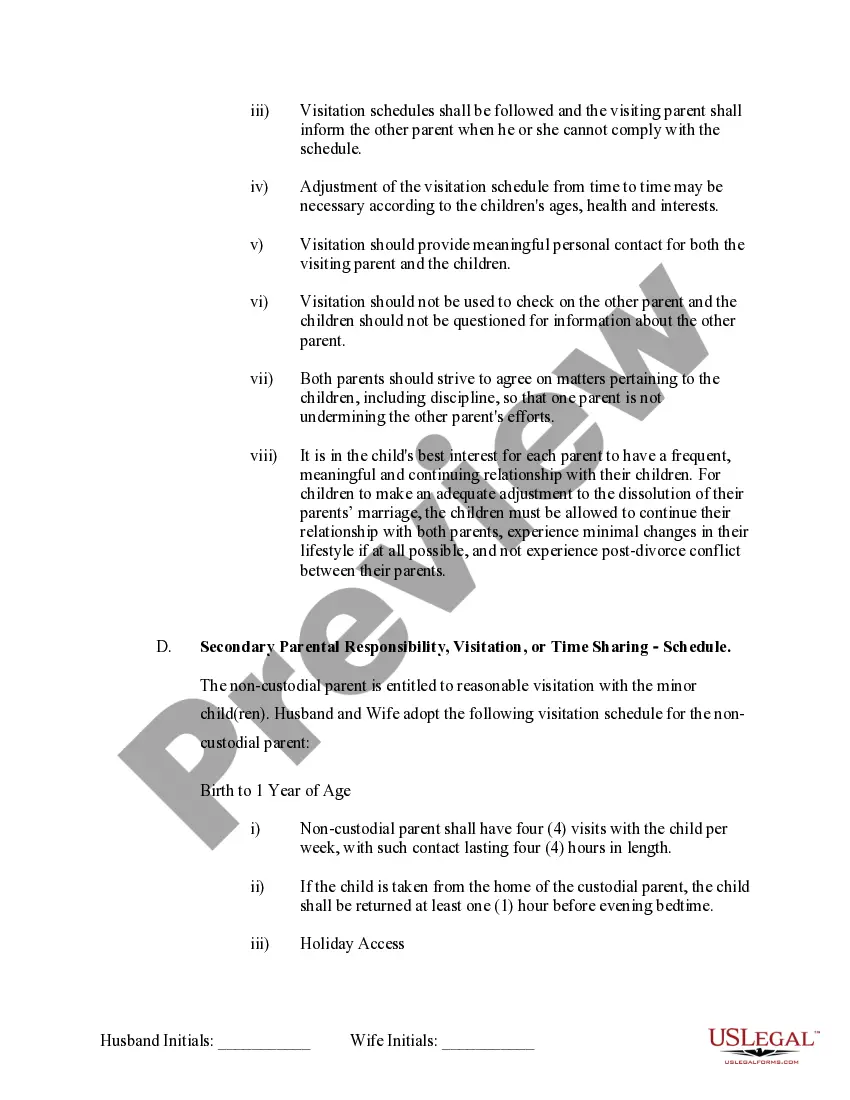 Preview Marital Domestic Separation and Property Settlement Agreement Minor Children no Joint Property or Debts where Divorce Action Filed