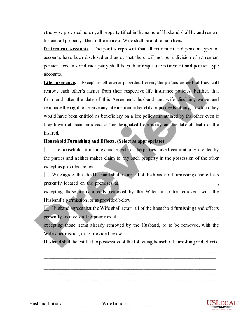 Preview Marital Domestic Separation and Property Settlement Agreement Minor Children no Joint Property or Debts effective Immediately