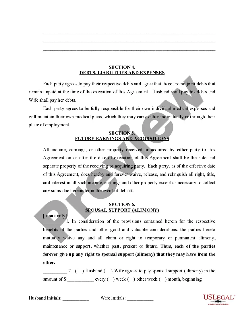 Preview Marital Domestic Separation and Property Settlement Agreement Minor Children no Joint Property or Debts effective Immediately