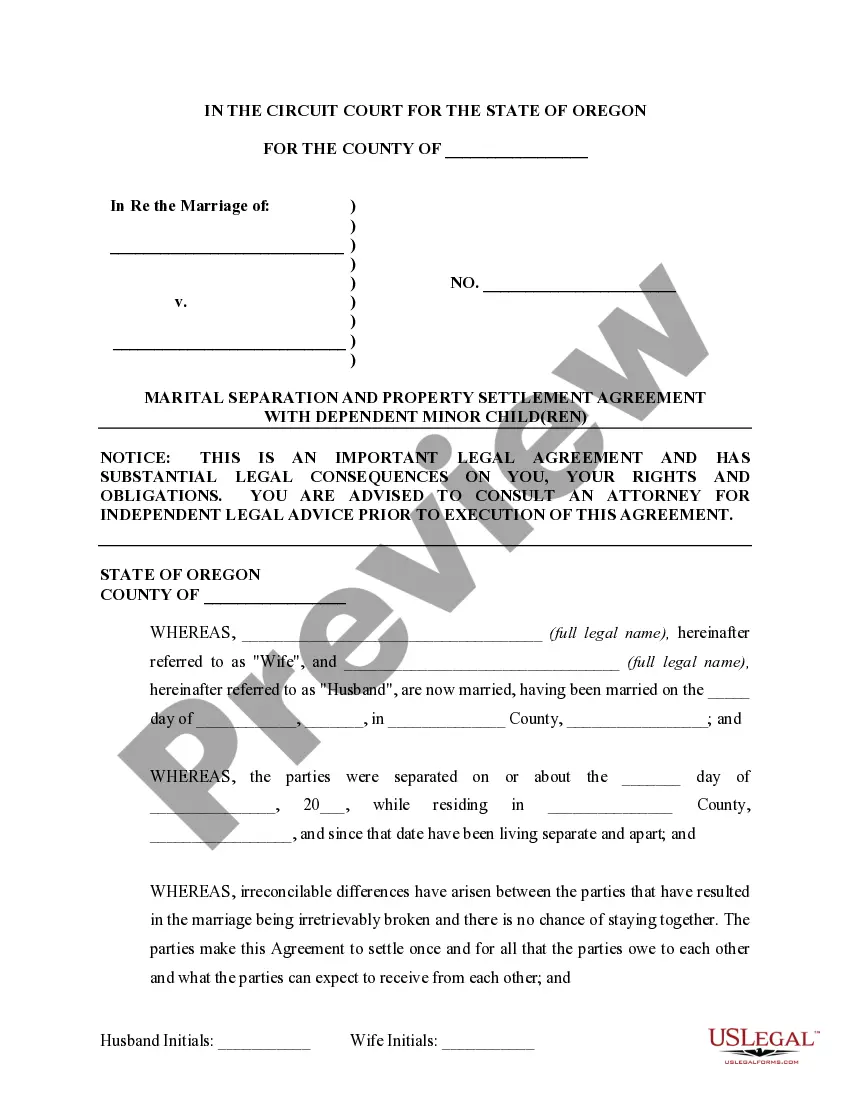 Preview Marital Domestic Separation and Property Settlement Agreement Minor Children Parties May have Joint Property or Debts where Divorce Action Filed
