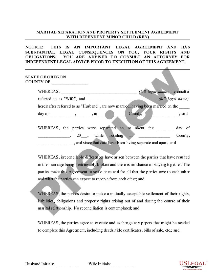 Preview Marital Domestic Separation and Property Settlement Agreement Minor Children Parties May have Joint Property or Debts effective Immediately