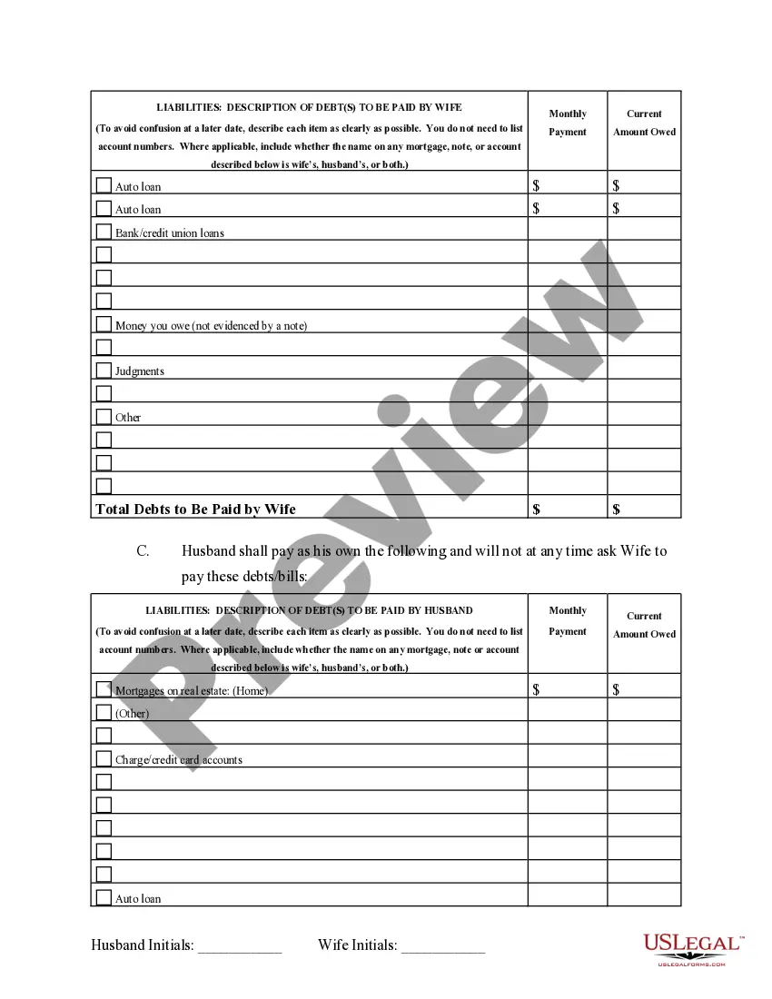 Preview Marital Domestic Separation and Property Settlement Agreement no Children parties may have Joint Property or Debts where Divorce Action Filed