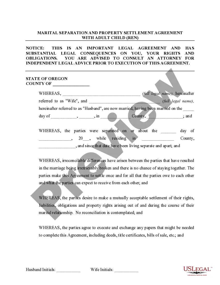 Preview Marital Domestic Separation and Property Settlement Agreement Adult Children Parties May have Joint Property or Debts effective Immediately