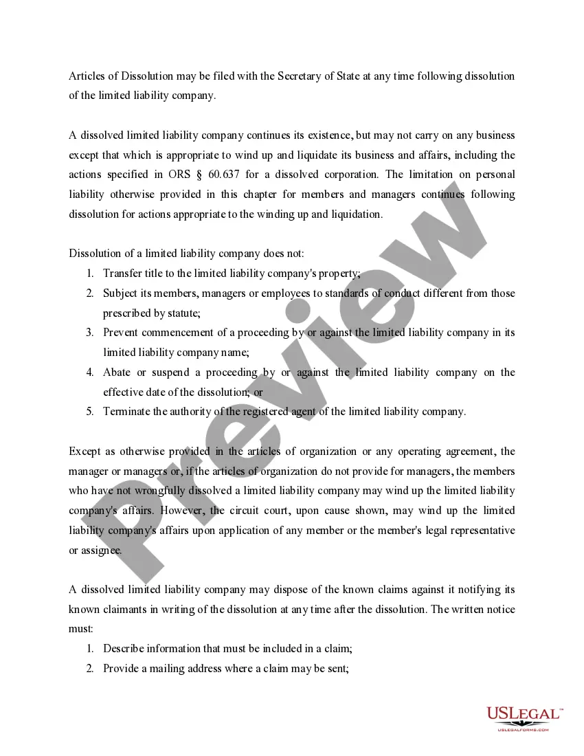 Get Oregon Dissolution Package to Dissolve Limited Liability Company LLC Preview Oregon Dissolution Package to Dissolve Limited Liability Company LLC