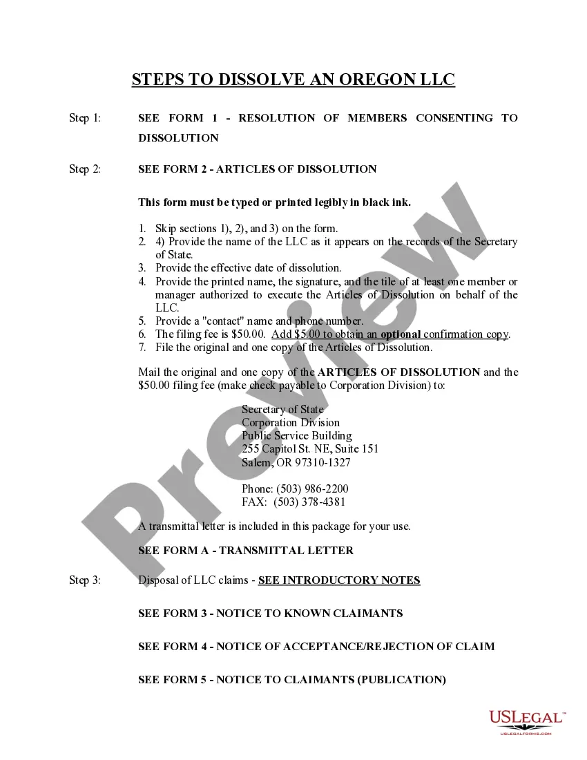 Get Oregon Dissolution Package to Dissolve Limited Liability Company LLC Preview Oregon Dissolution Package to Dissolve Limited Liability Company LLC