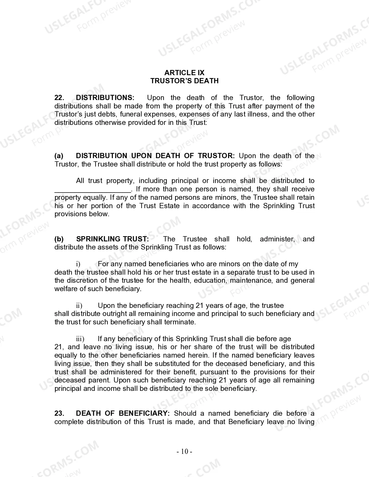 Preview Living Trust for Individual Who is Single, Divorced or Widow (or Widower) with No Children