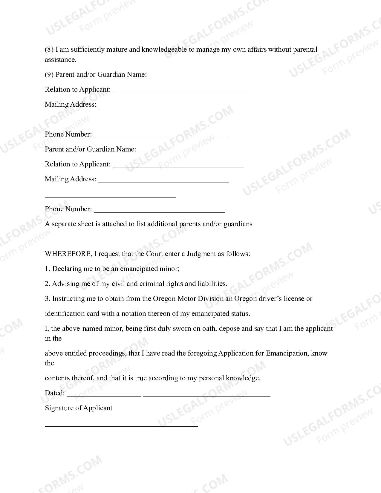 Preview Application for Judgment of Emancipation and Summons