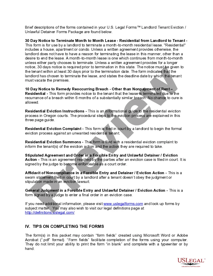 Preview Oregon Landlord Tenant Eviction / Unlawful Detainer Forms Package