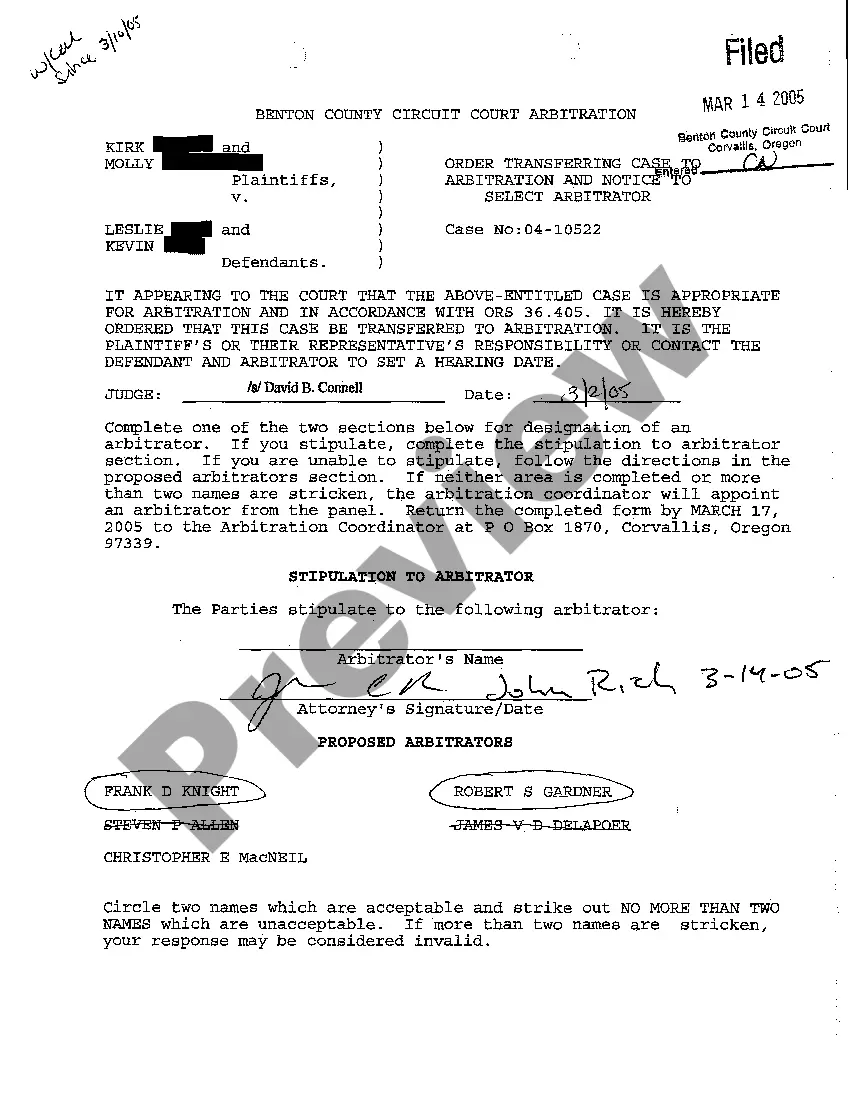 Get A11 Order Transferring Case to Arbitration and Notice to Select Arbitrator Preview A11 Order Transferring Case to Arbitration and Notice to Select Arbitrator