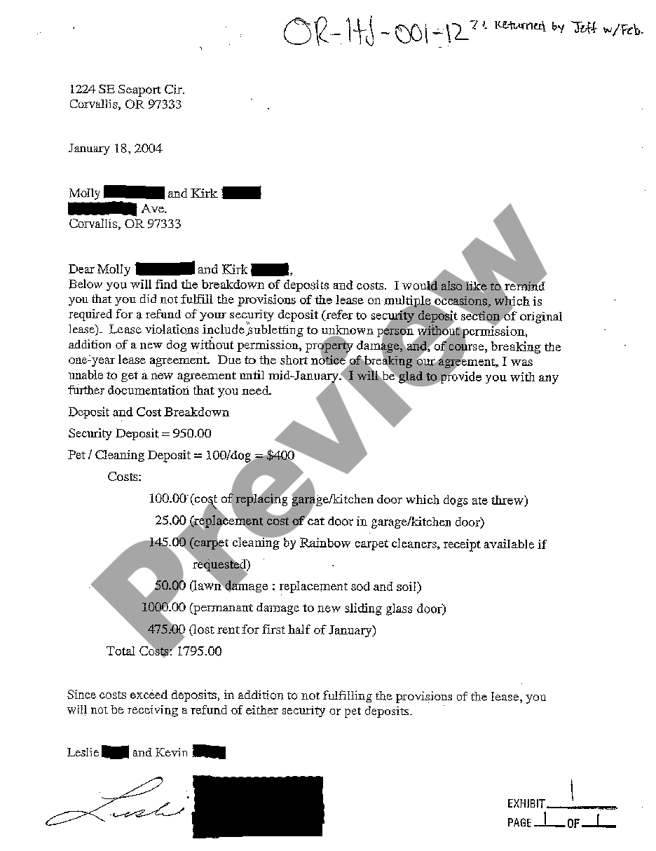 Oregon Exhibit 1 Letter to Plaintiffs of Cost Analysis | US Legal Forms