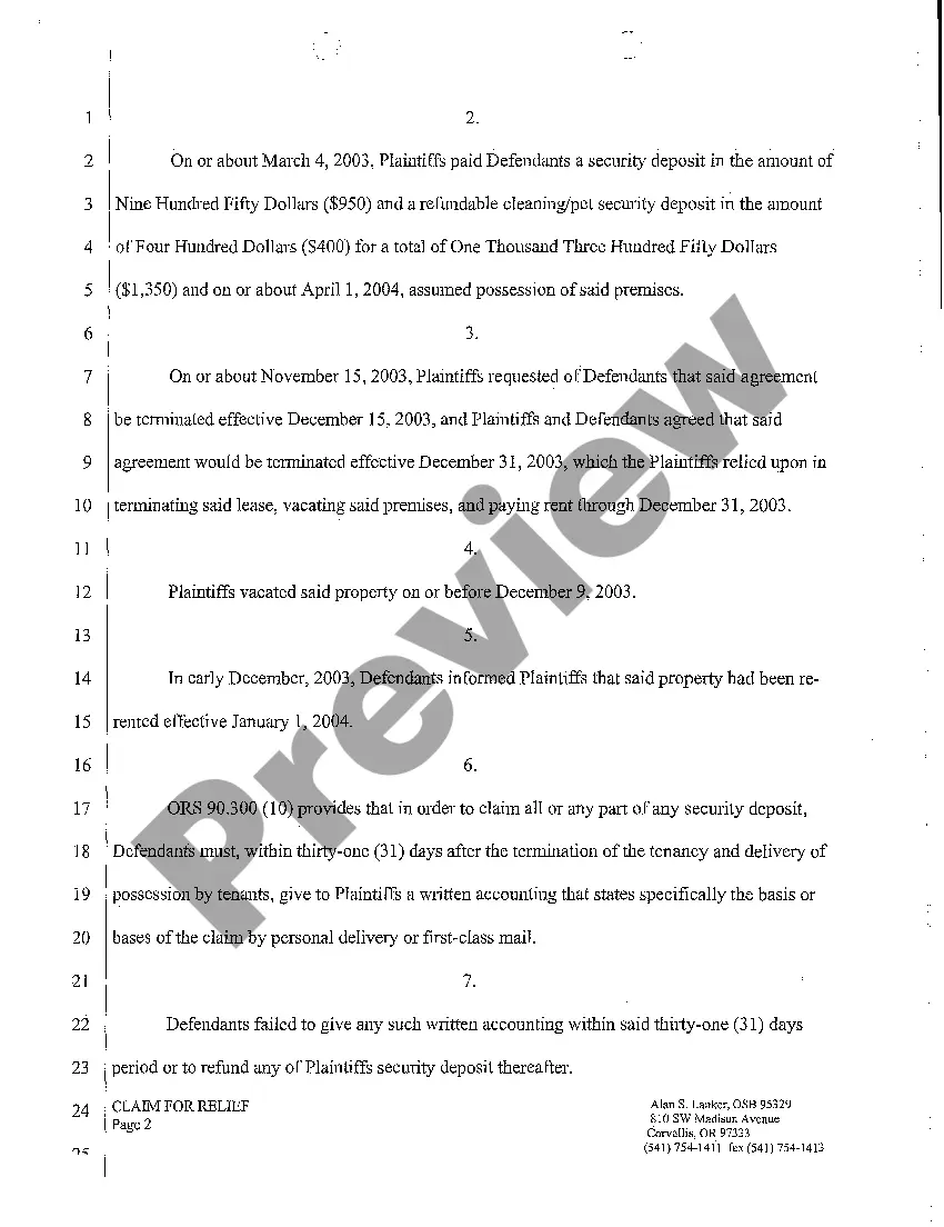 Get A01 Complaint Landlord Tenant Failure To Return Security Deposit and Bad Faith Preview A01 Complaint Landlord Tenant Failure To Return Security Deposit and Bad Faith