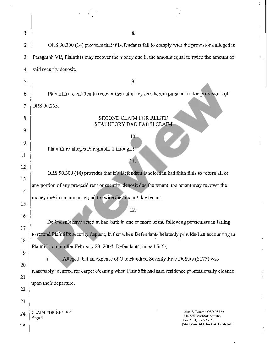 Get A01 Complaint Landlord Tenant Failure To Return Security Deposit and Bad Faith Preview A01 Complaint Landlord Tenant Failure To Return Security Deposit and Bad Faith