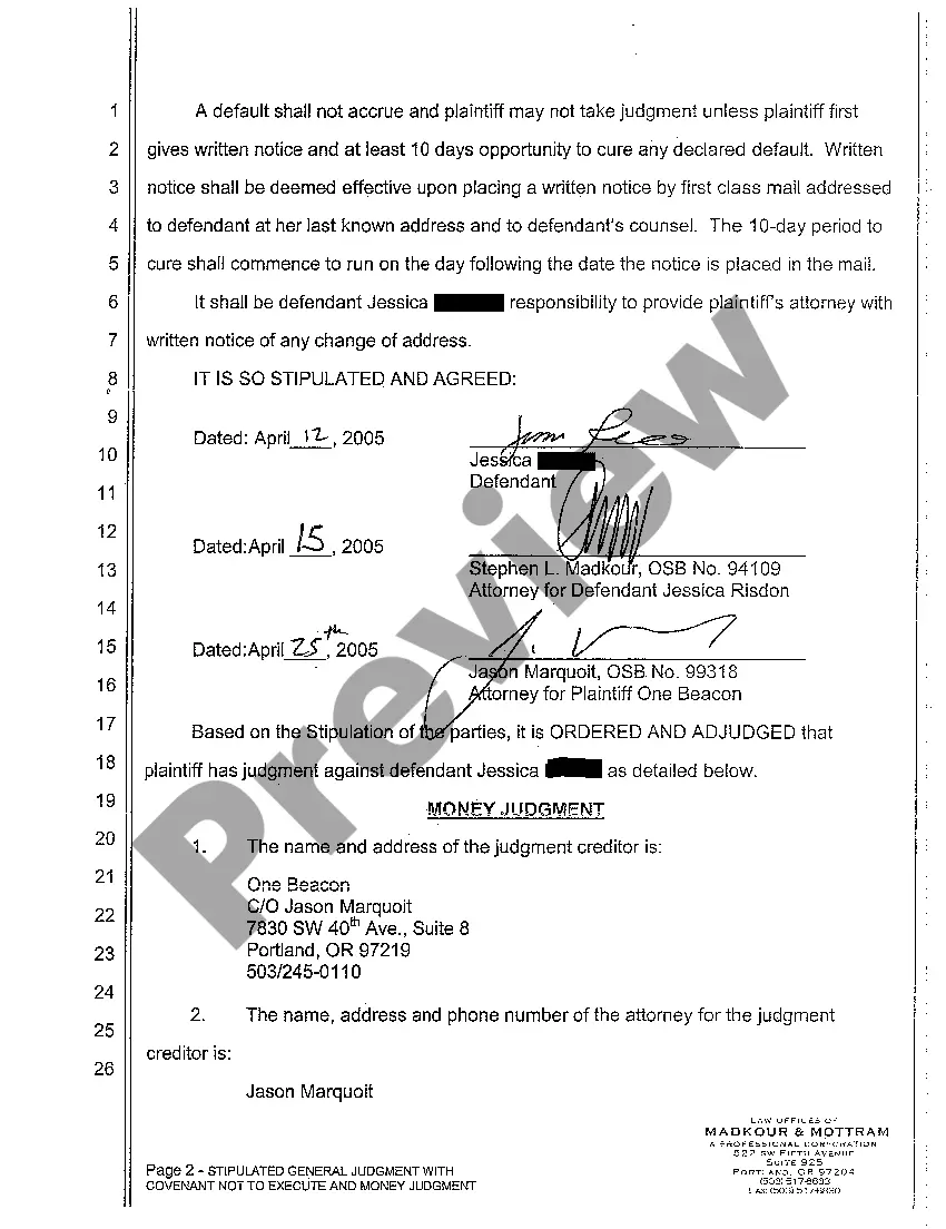 Preview A09 Stipulated General Judgment With Covenant Not to Execute and Money Judgment