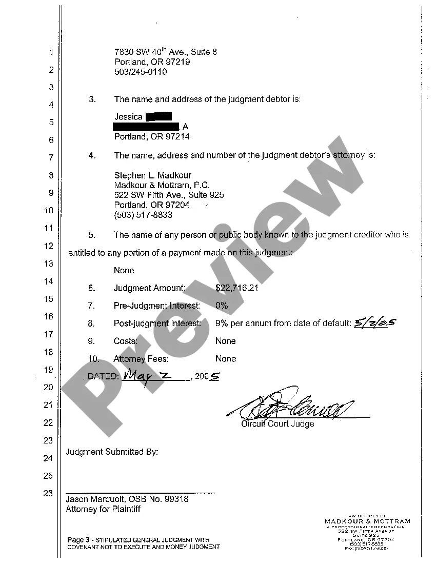 Preview A09 Stipulated General Judgment With Covenant Not to Execute and Money Judgment