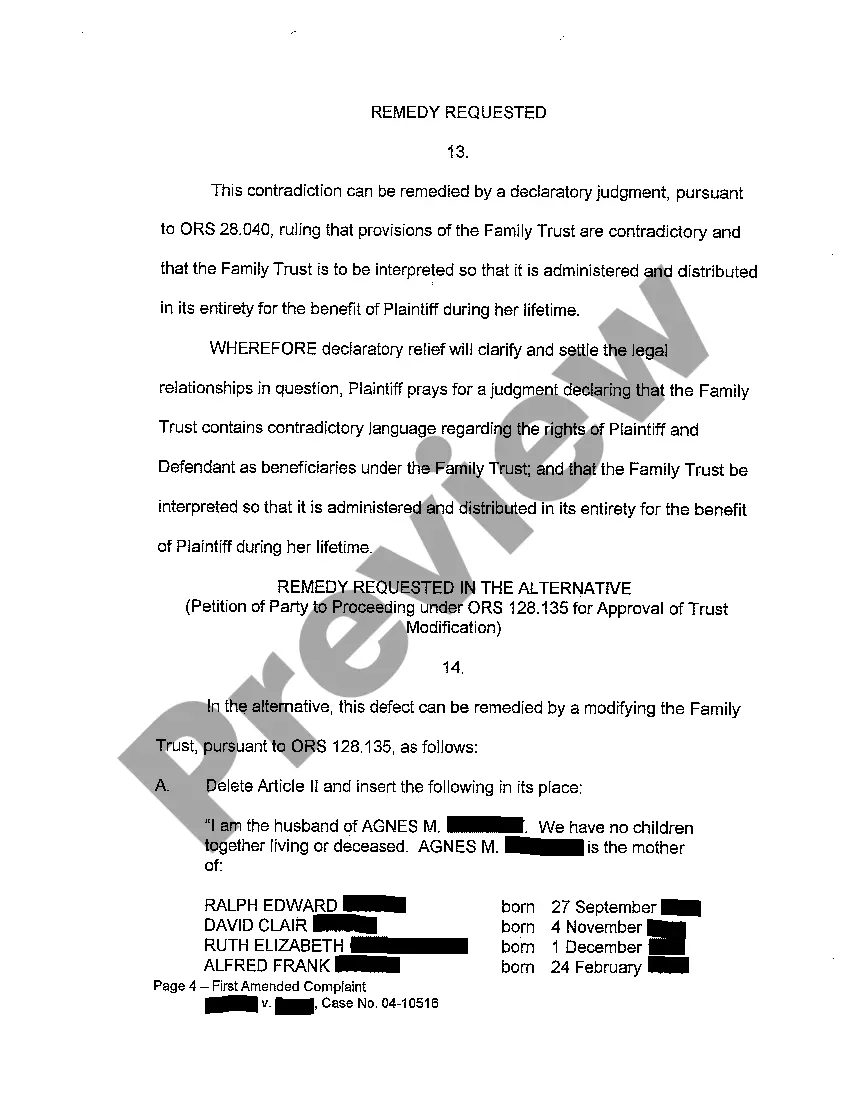 Get A03 First Amended Complaint for Declaratory Relief of Language Interpretation in Family Trust Preview A03 First Amended Complaint for Declaratory Relief of Language Interpretation in Family Trust
