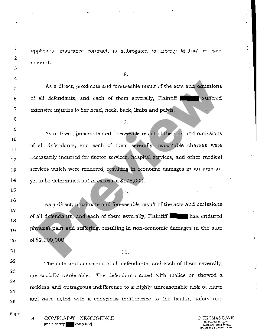 Preview A01 Complaint for Personal Injury to Pedestrian Due to Negligent Operation of Motor Vehicle