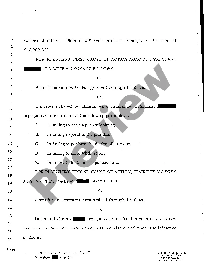 Preview A01 Complaint for Personal Injury to Pedestrian Due to Negligent Operation of Motor Vehicle