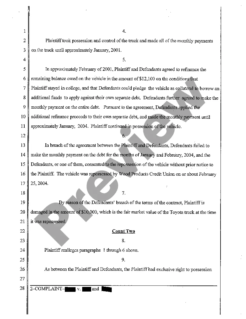 Get A01 Complaint for Breach of Contract and Conversion of Motor Vehicle Preview A01 Complaint for Breach of Contract and Conversion of Motor Vehicle