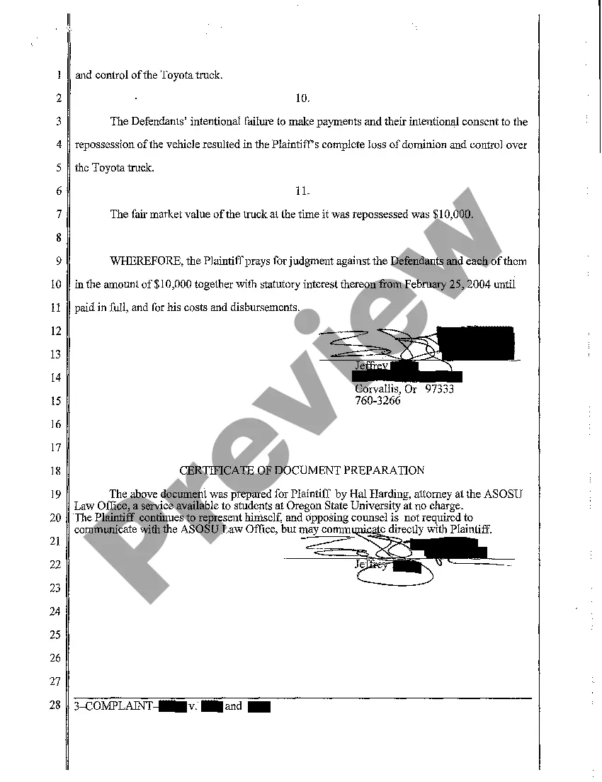 Get A01 Complaint for Breach of Contract and Conversion of Motor Vehicle Preview A01 Complaint for Breach of Contract and Conversion of Motor Vehicle