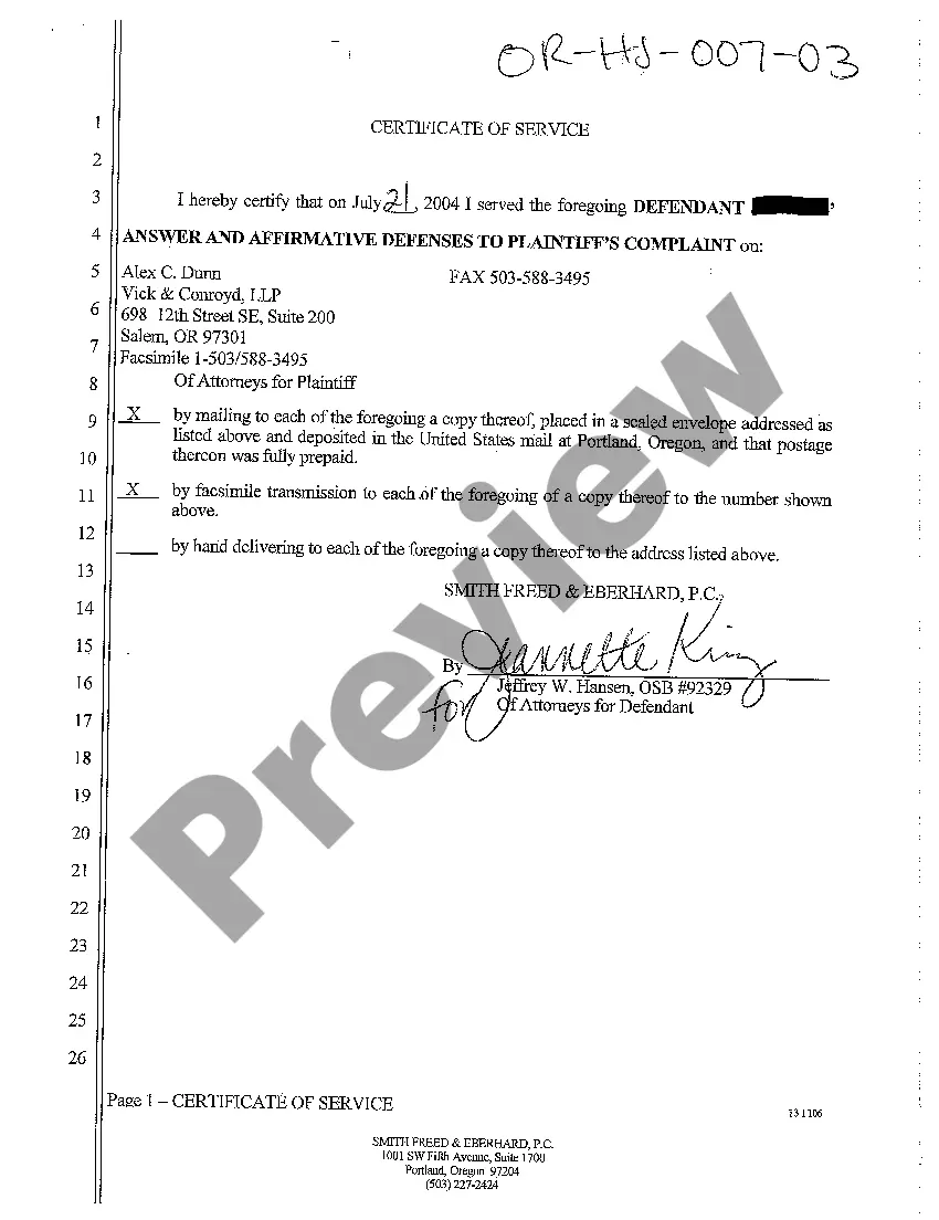 Preview A03 Certificate of Service of Answer and Affirmative Defenses