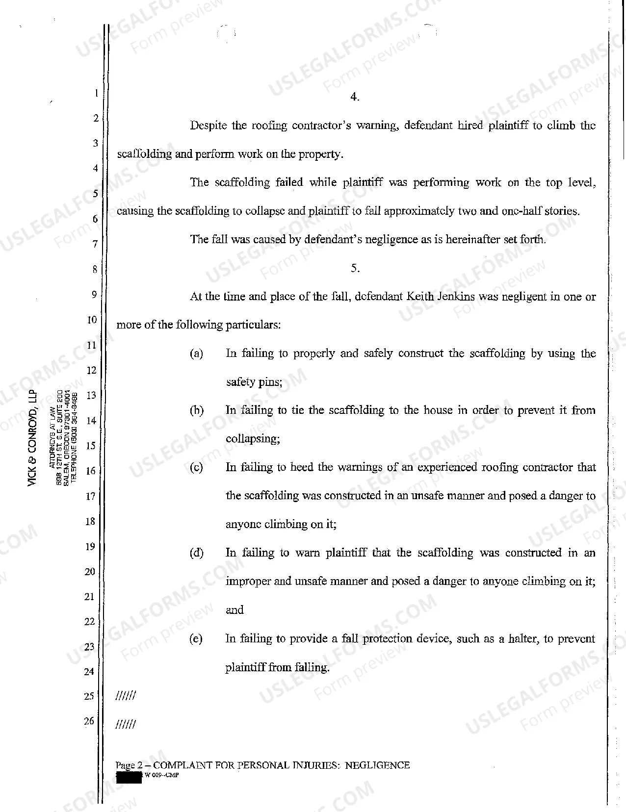 Preview A01 Complaint for Negligence in Scaffolding Construction Resulting in Personal Injury