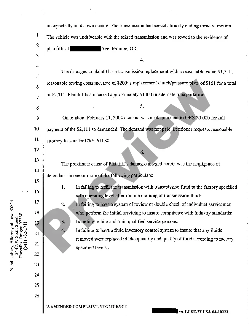 Preview A02 Amended Complaint for Negligence in Servicing Motor Vehicle Resulting in Damages