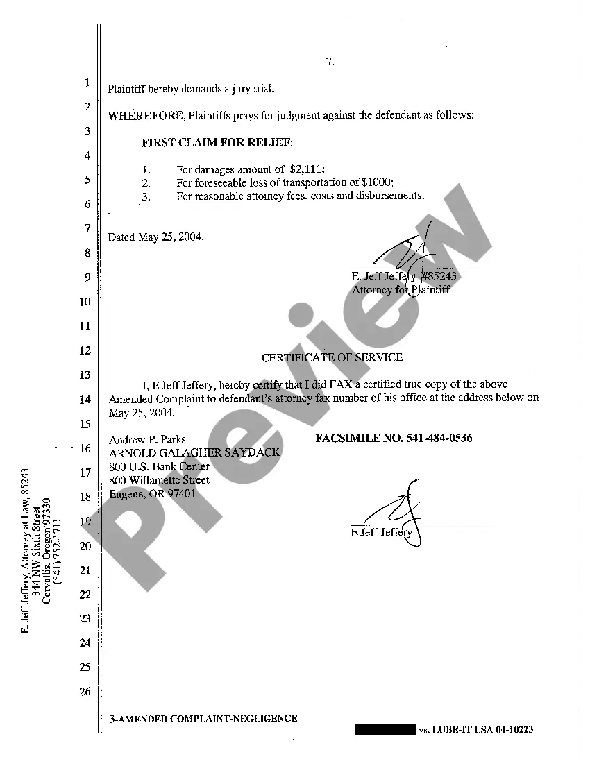 Preview A02 Amended Complaint for Negligence in Servicing Motor Vehicle Resulting in Damages