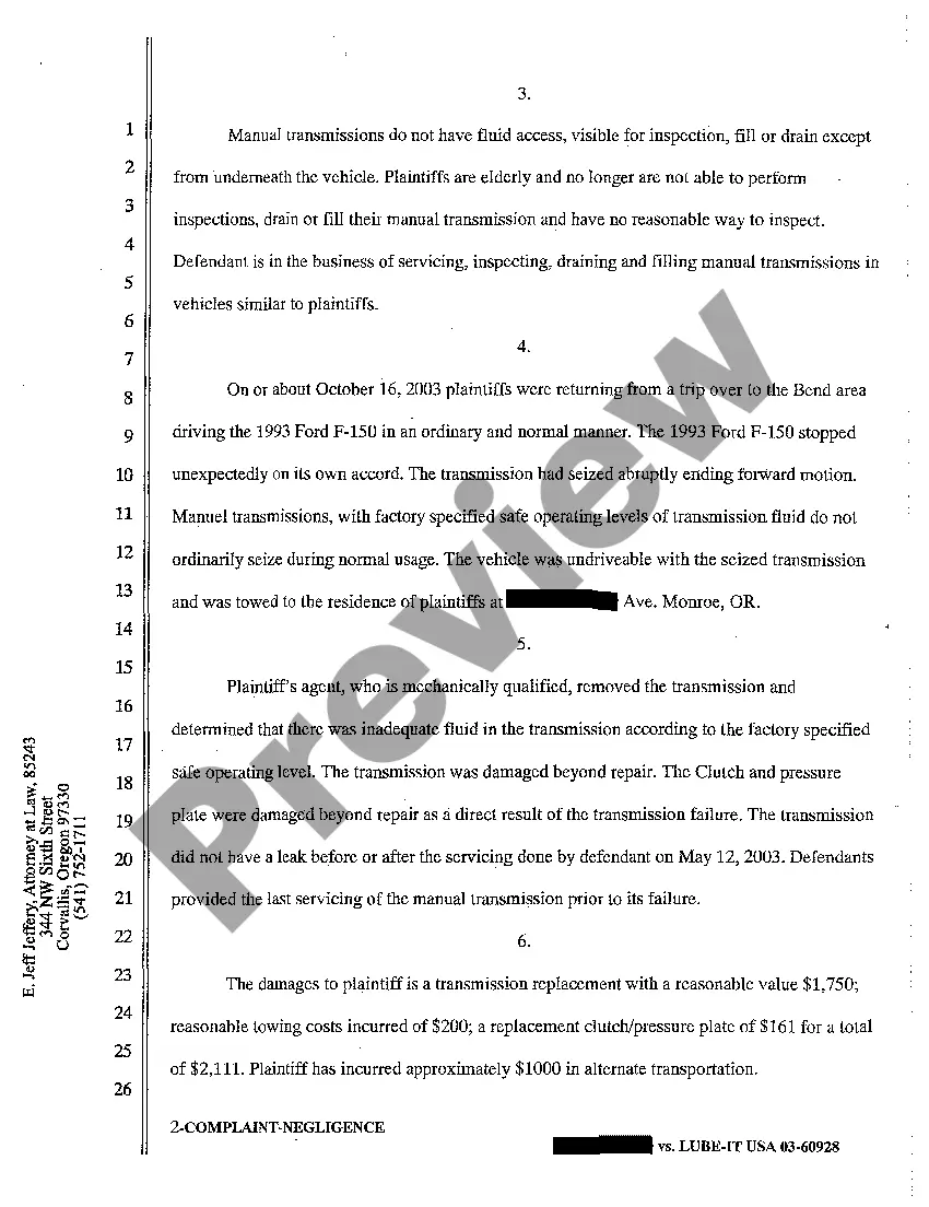 Preview A01 Complaint for Negligence in Servicing Motor Vehicle Resulting in Damages