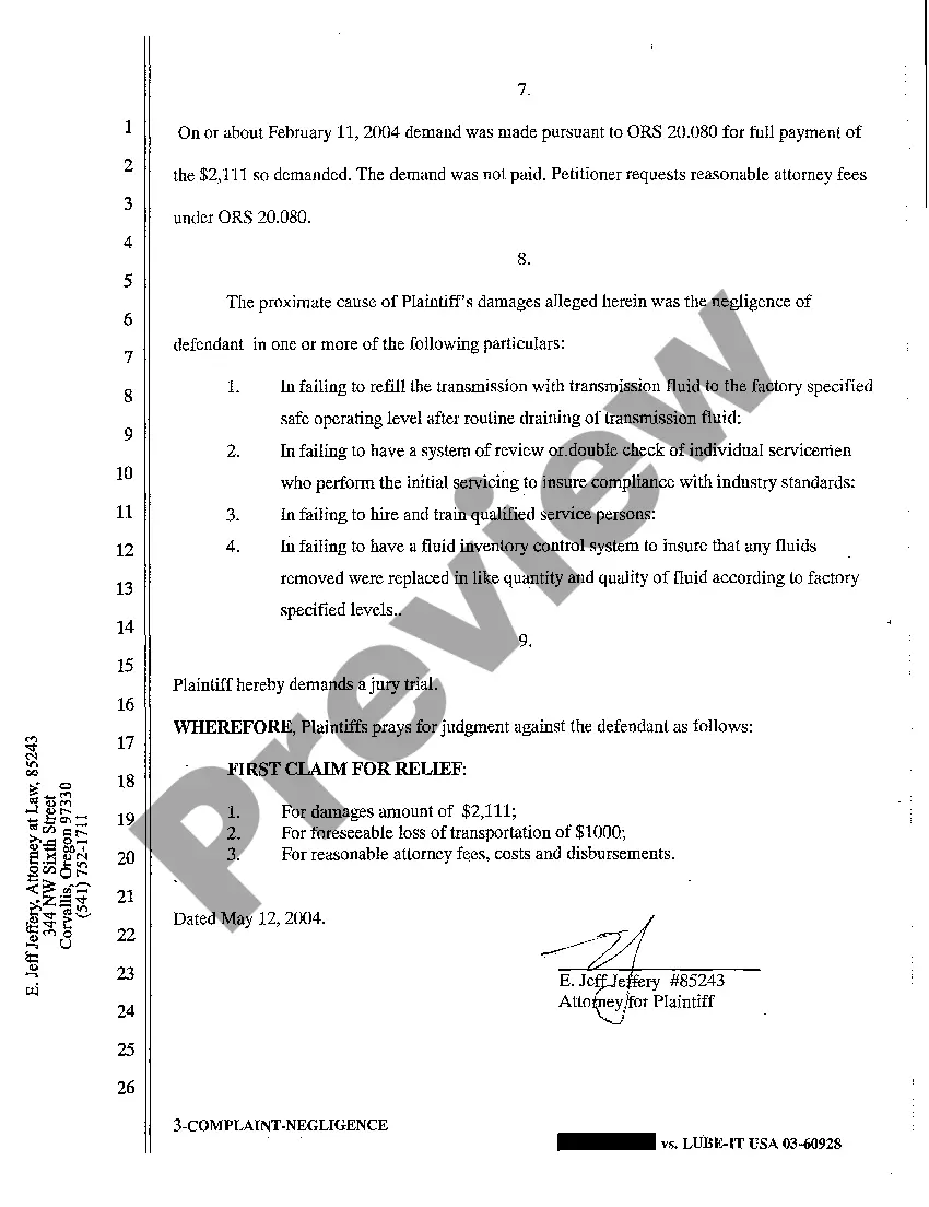 Preview A01 Complaint for Negligence in Servicing Motor Vehicle Resulting in Damages