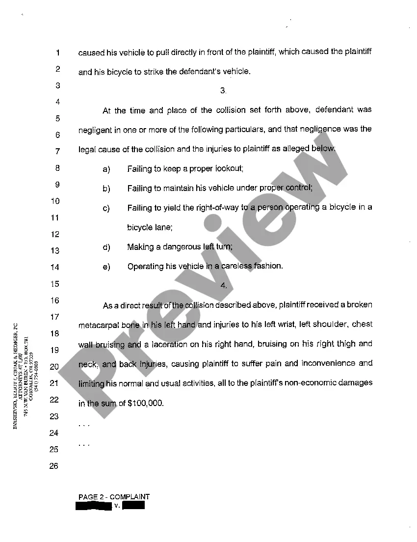 Get A01 Complaint for Personal Injury from Negligence in Motor Vehicle Operation Preview A01 Complaint for Personal Injury from Negligence in Motor Vehicle Operation