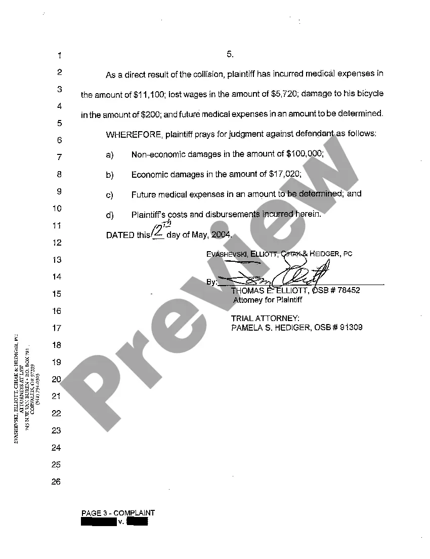 Get A01 Complaint for Personal Injury from Negligence in Motor Vehicle Operation Preview A01 Complaint for Personal Injury from Negligence in Motor Vehicle Operation