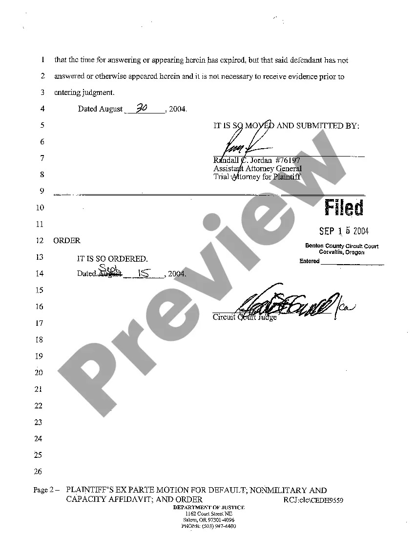 Preview A04 Plaintiff's Ex Parte Motion For Default, Nonmilitary and Capacity Affidavit, and Order
