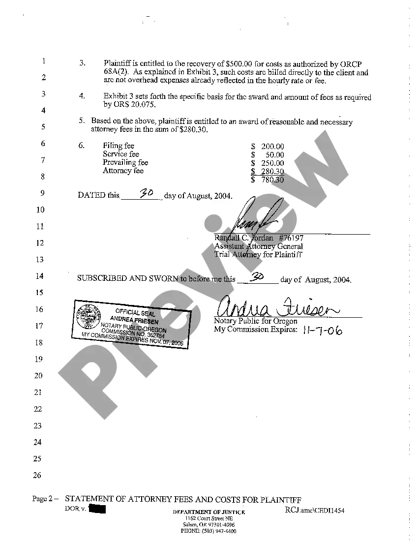 Preview A03 Statement of Attorney Fees and Costs for Plaintiff