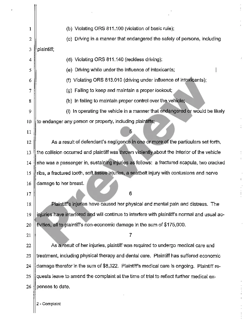 Get A01 Complaint for Negligence in Motor Vehicle Maintenance Resulting in Personal Injury Preview A01 Complaint for Negligence in Motor Vehicle Maintenance Resulting in Personal Injury