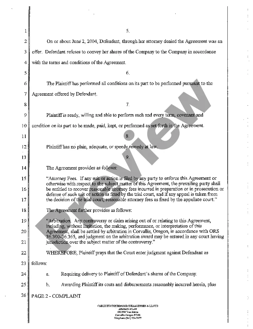 Preview A01 Complaint for Specific Performance of the Purchase of a Corporation