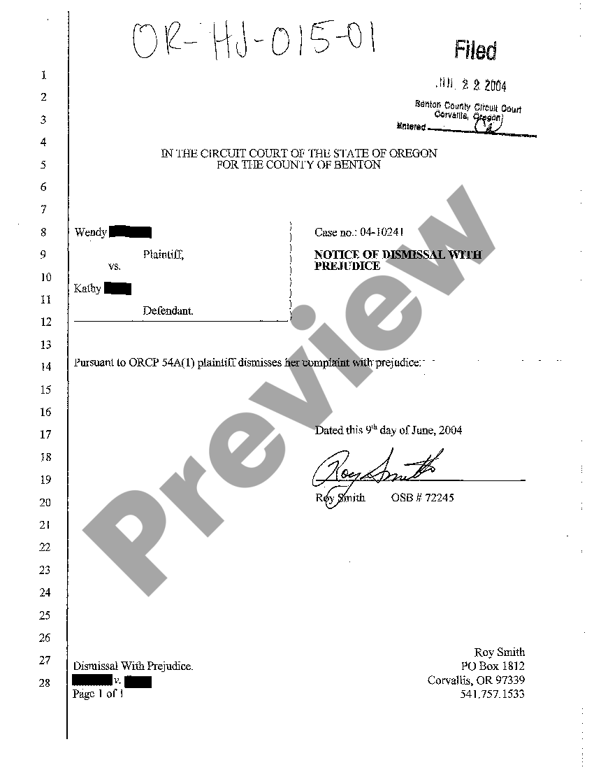 Oregon Notice of Dismissal with Prejudice Against Plaintiff US Legal