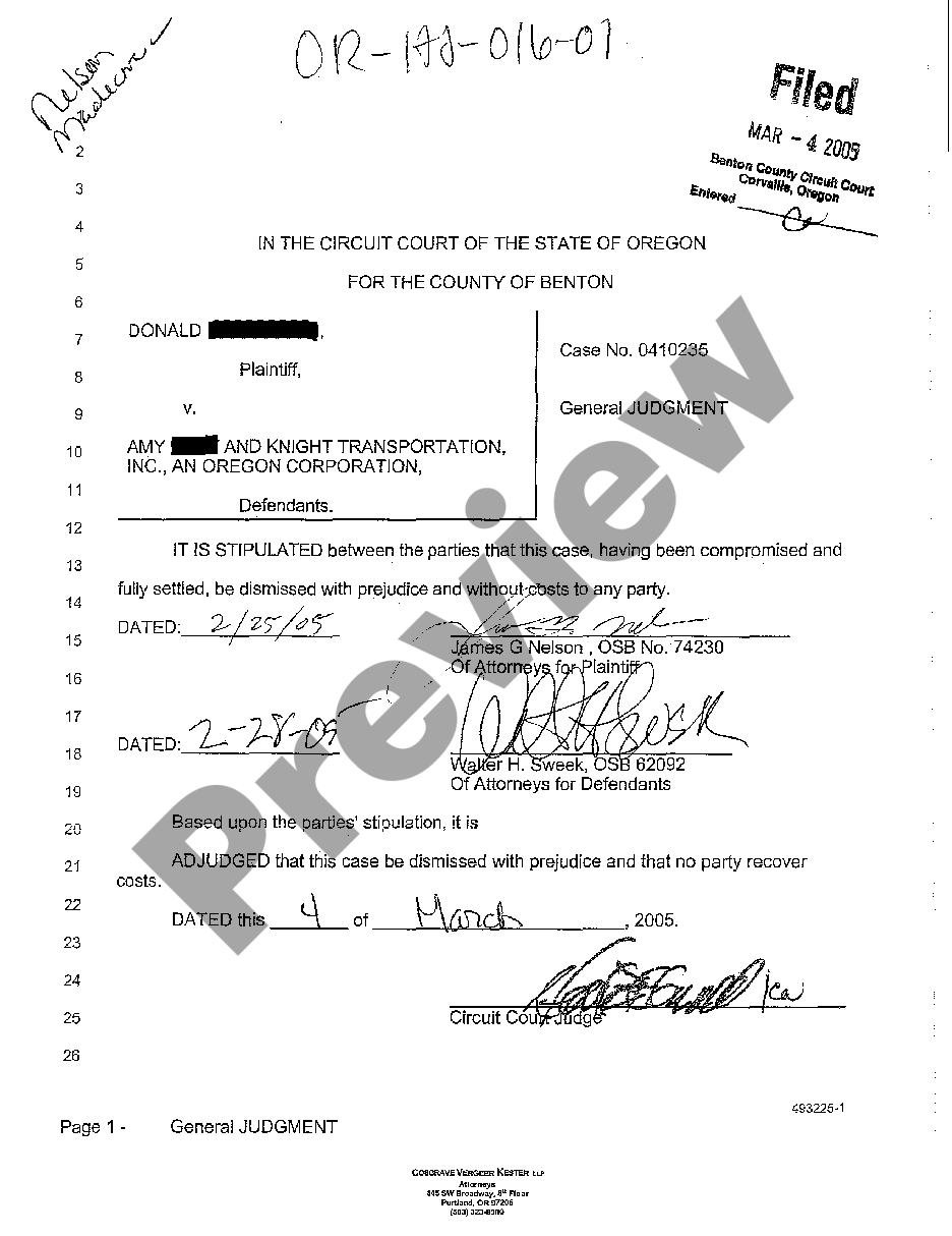 Hillsboro Oregon General Judgment of Dismissal | US Legal Forms