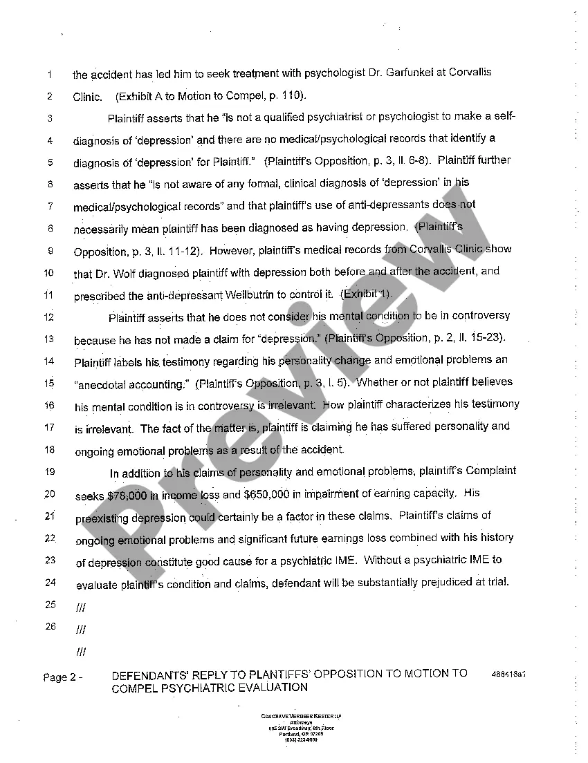 Get A13 Defendants' Reply to Plaintiffs' Opposition to Motion to Compel Psychiatric Evaluation Preview A13 Defendants' Reply to Plaintiffs' Opposition to Motion to Compel Psychiatric Evaluation